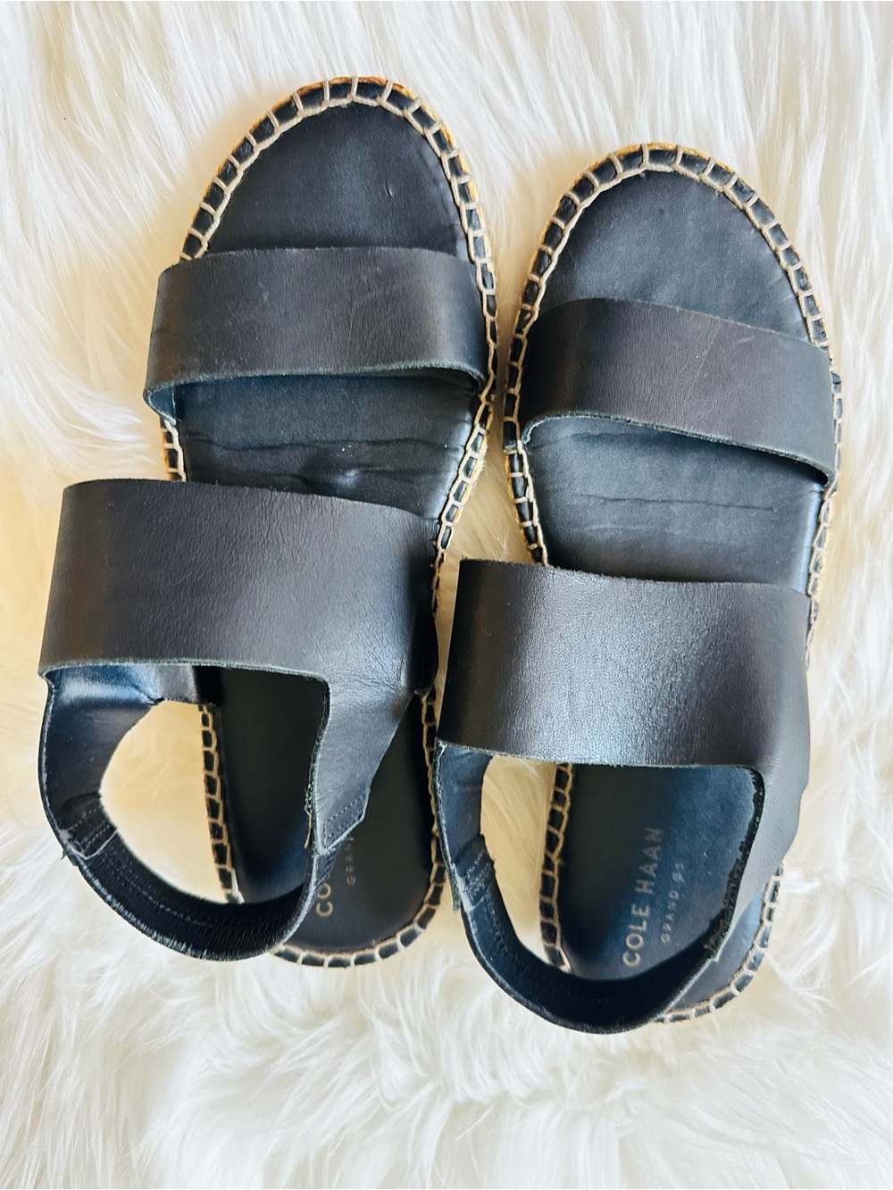 Cole Haan Black Leather Slide Espadrille Sandals